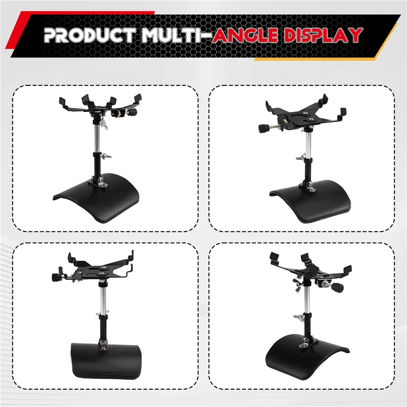 Black adjustable metal guitar foot stool with curved base and arms serving as support handrest guitar leg rest stand