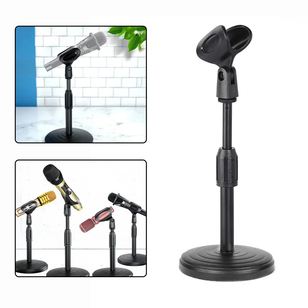 Black abs microphone stand with adjustable articulated arm and clamp weighted disc base for desktop retractable microphone use