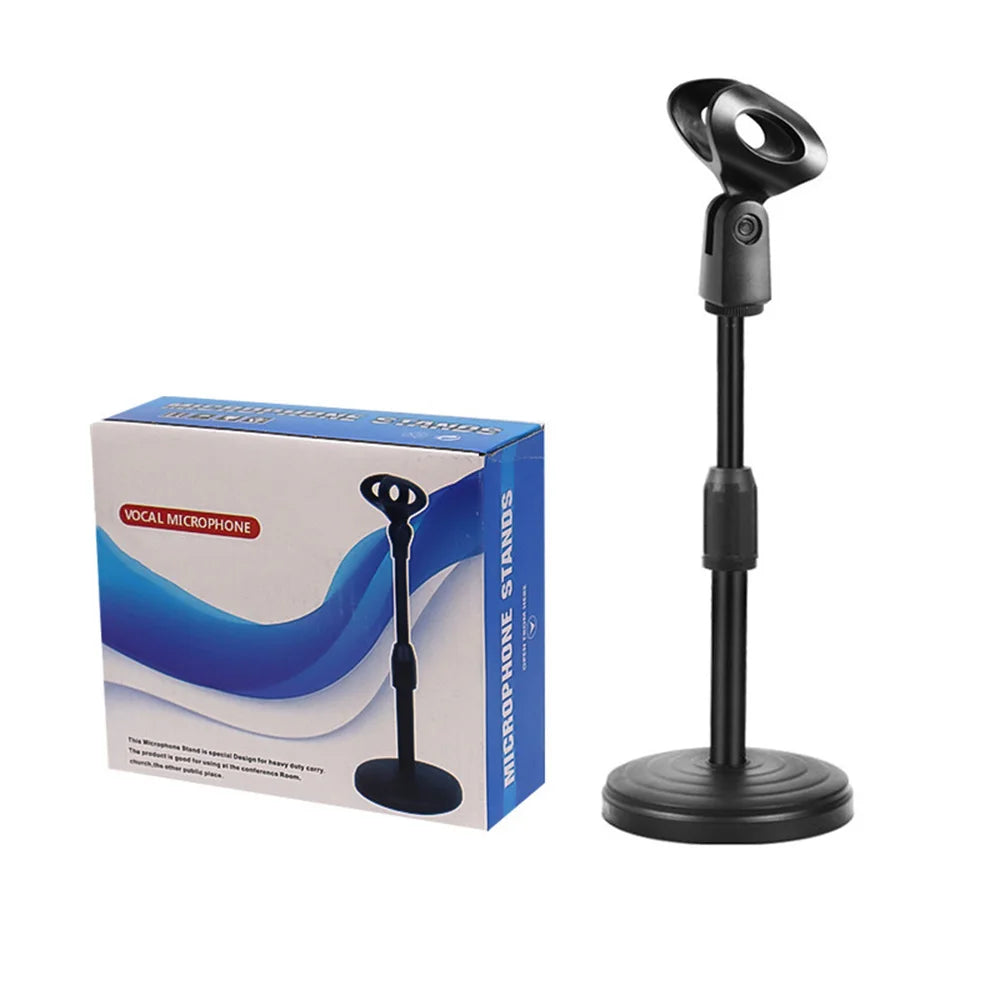 Black abs microphone stand with clamp weighted disc base and telescoping pole for desktop retractable microphone use