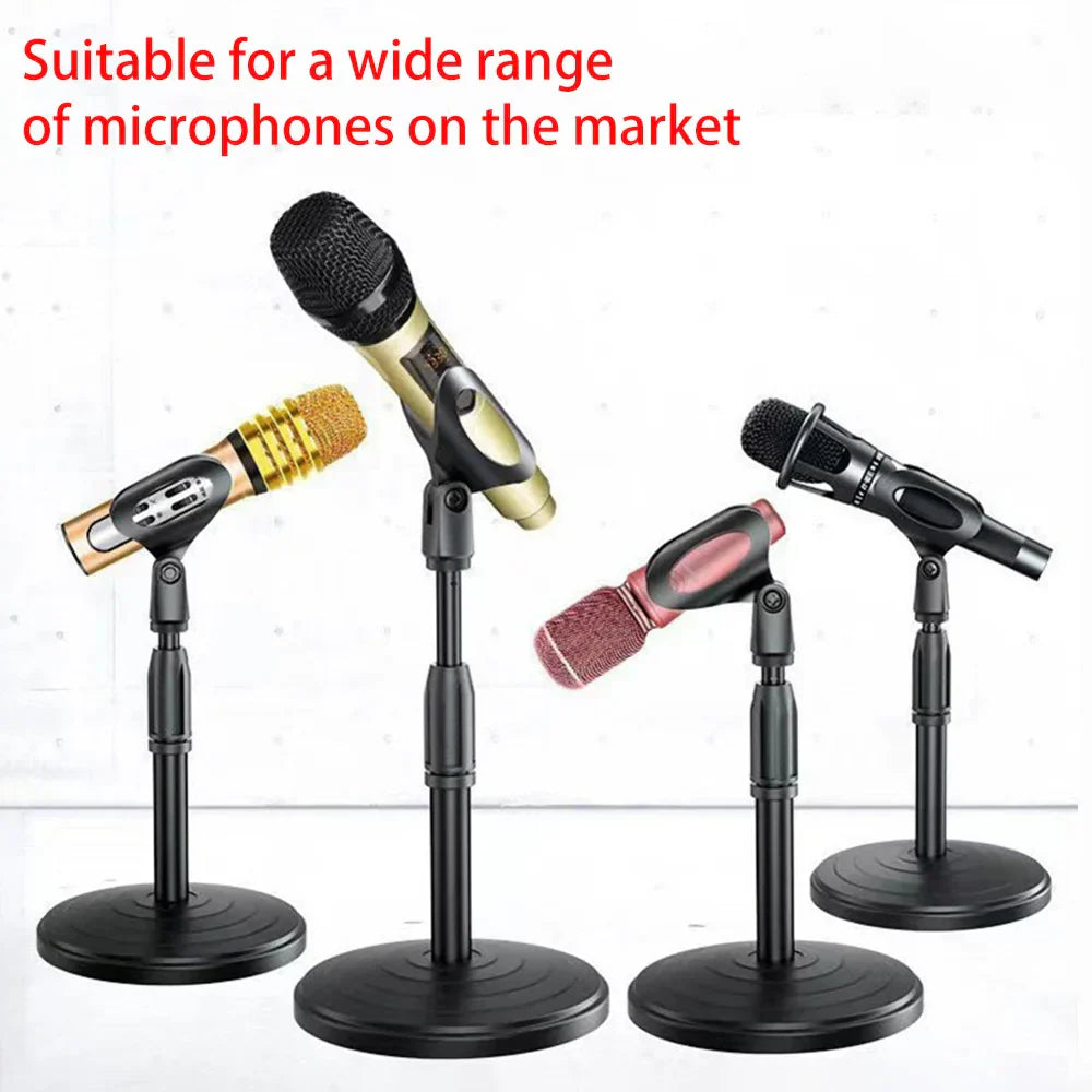 Black abs microphone stand with retractable microphone clamp and weighted disc base supporting various microphones