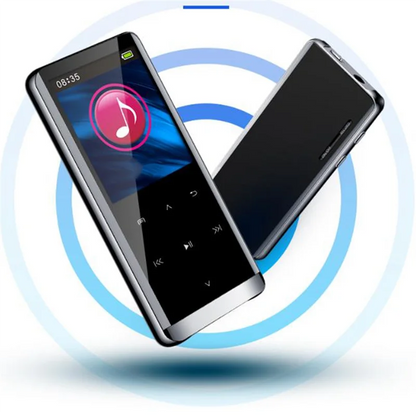 Black and silver abuomp3 player with 1.5 inch 128x160 pixels tft display showing pink musical note icon