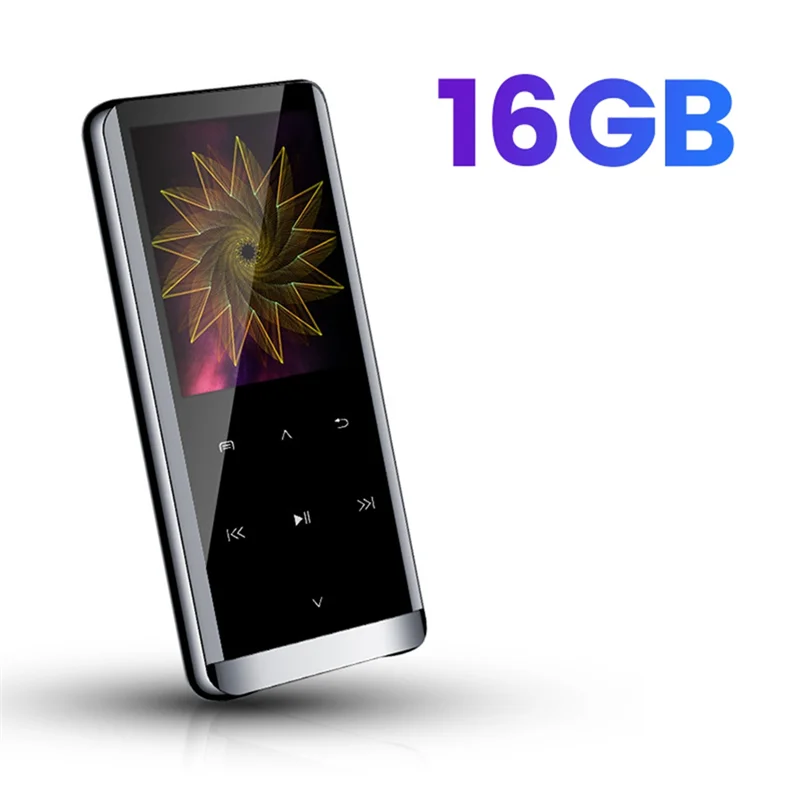 Silver-framed abuomp3 player with 16gb storage black pixels tft display and golden spiral pattern on screen