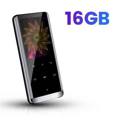 Silver-framed abuomp3 player with 16gb storage black pixels tft display and golden spiral pattern on screen