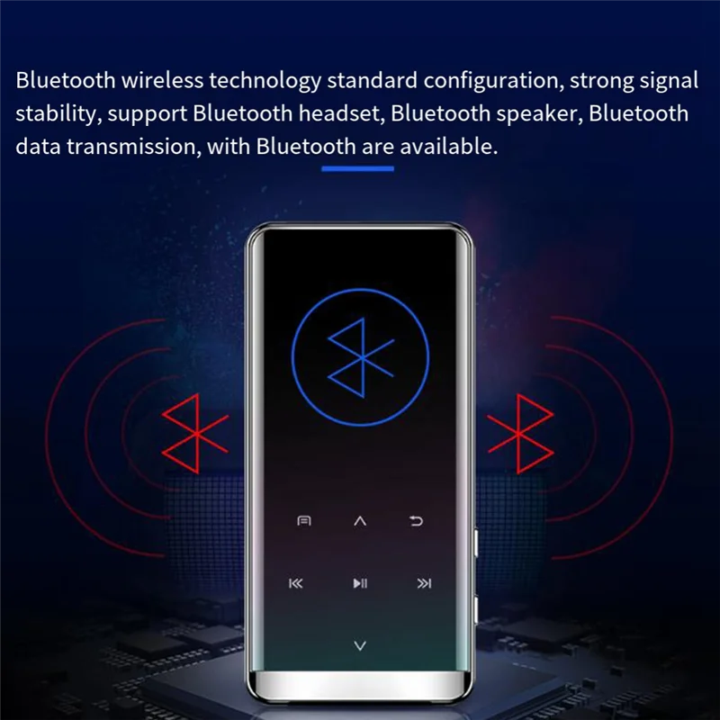 Silver-framed abuomp3 player with pixels tft display and bluetooth logo ideal to pair x headphones for hifi music