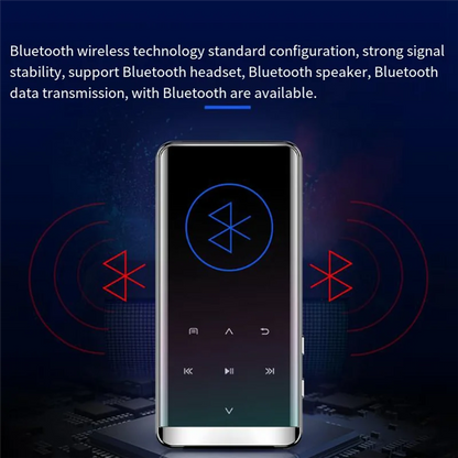 Silver-framed abuomp3 player with pixels tft display and bluetooth logo ideal to pair x headphones for hifi music