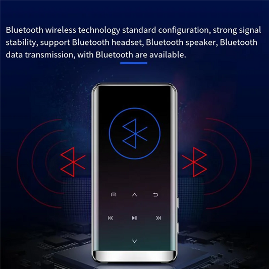 Silver-framed abuomp3 player with pixels tft display and bluetooth logo ideal to pair x headphones for hifi music