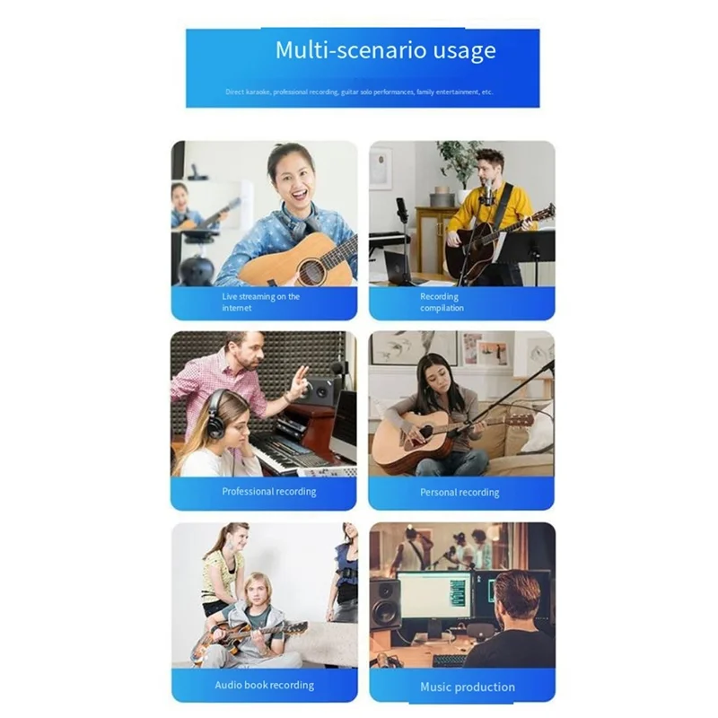 Abuo professional sound card audio interface in black used for studio singing microphone monitoring electric guitar and guitar live recording