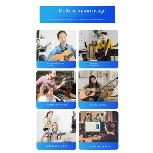 Abuo professional sound card audio interface in black used for studio singing microphone monitoring electric guitar and guitar live recording