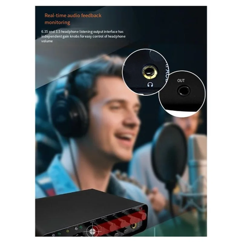 Black abu professional sound card audio interface with red gain knobs and 6.35mm jack for studio singing microphone monitoring electric guitar and guitar live recording