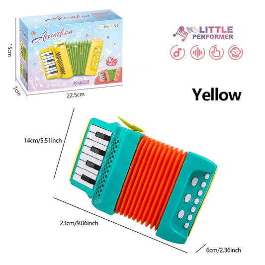 Bright yellow and teal plastic accordion toy with orange bellows for toddlers musical instrument development gifts by Hihexxi
