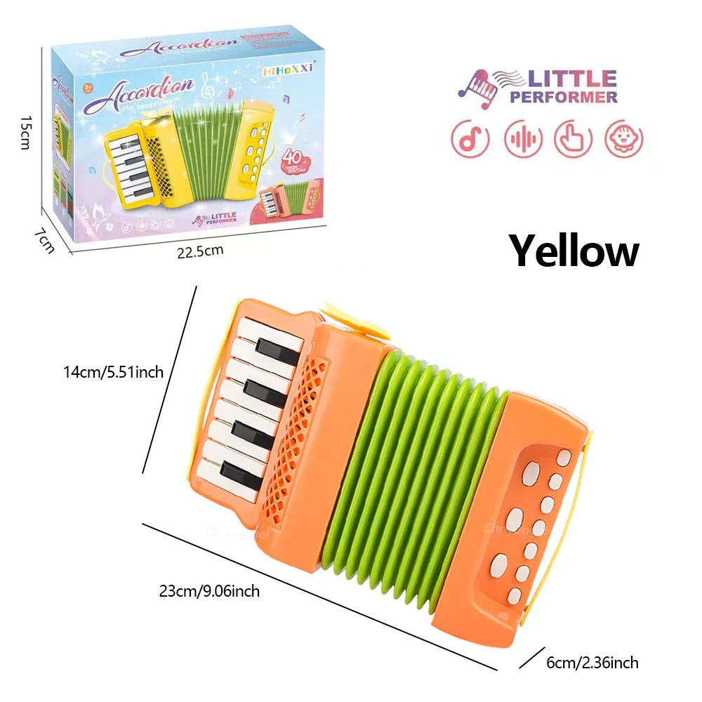 Bright orange and lime green plastic accordion toy with black keys by hihexi ideal as toddlers musical instrument development gifts