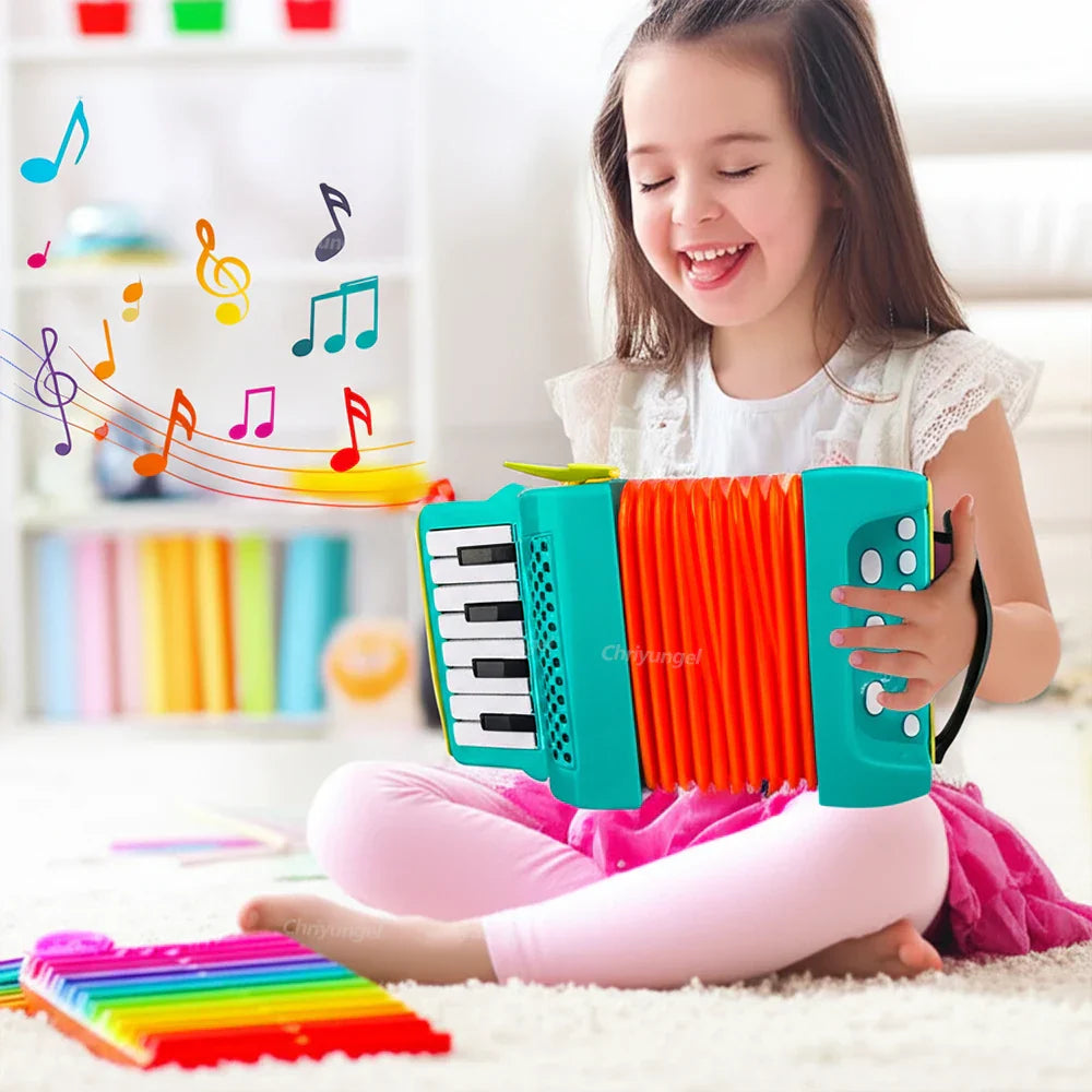Bright turquoise and orange plastic accordion toy with black keys designed as toddlers musical instrument development gifts