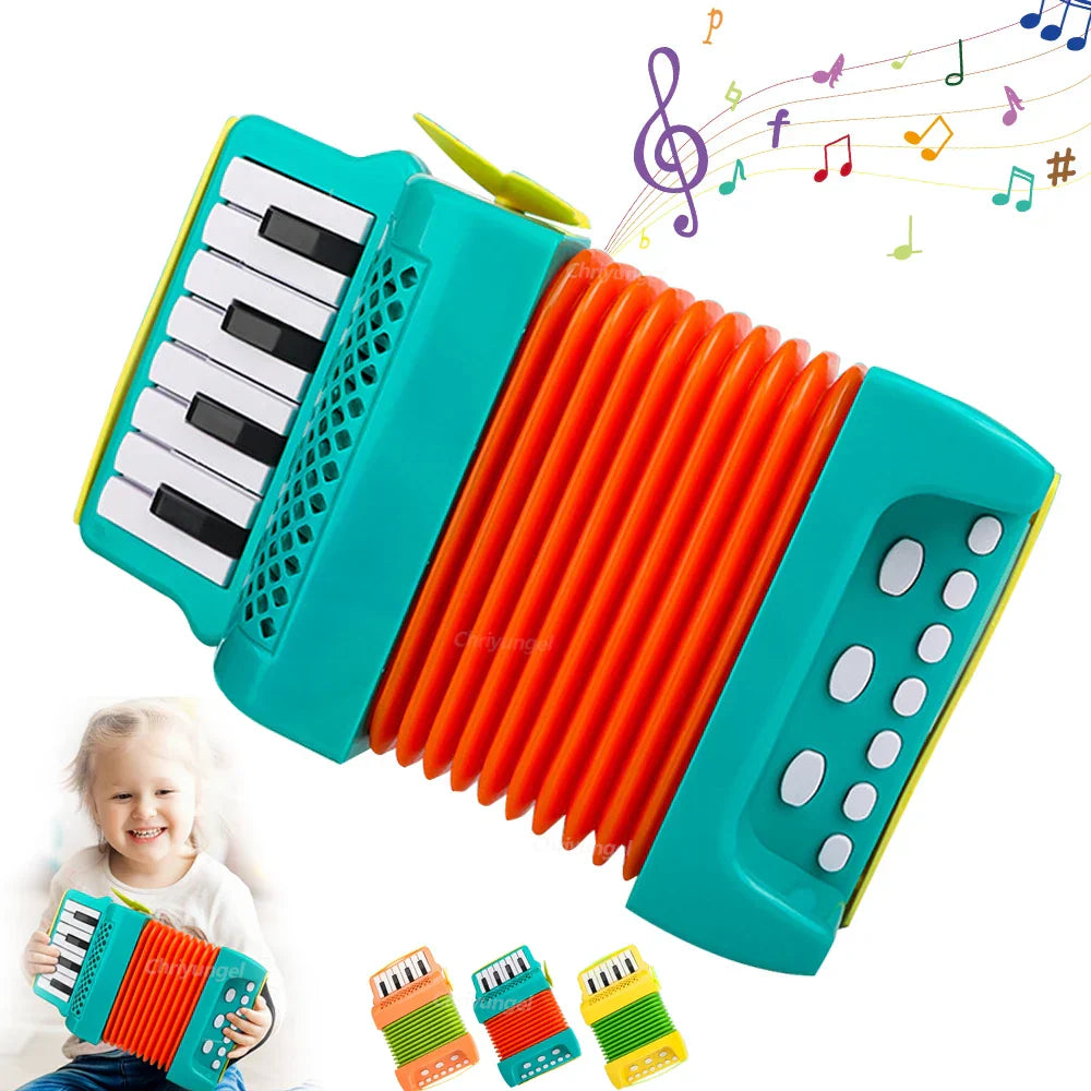 Bright turquoise and orange accordion toy for toddlers with black and white piano keys ideal for musical instrument development gifts