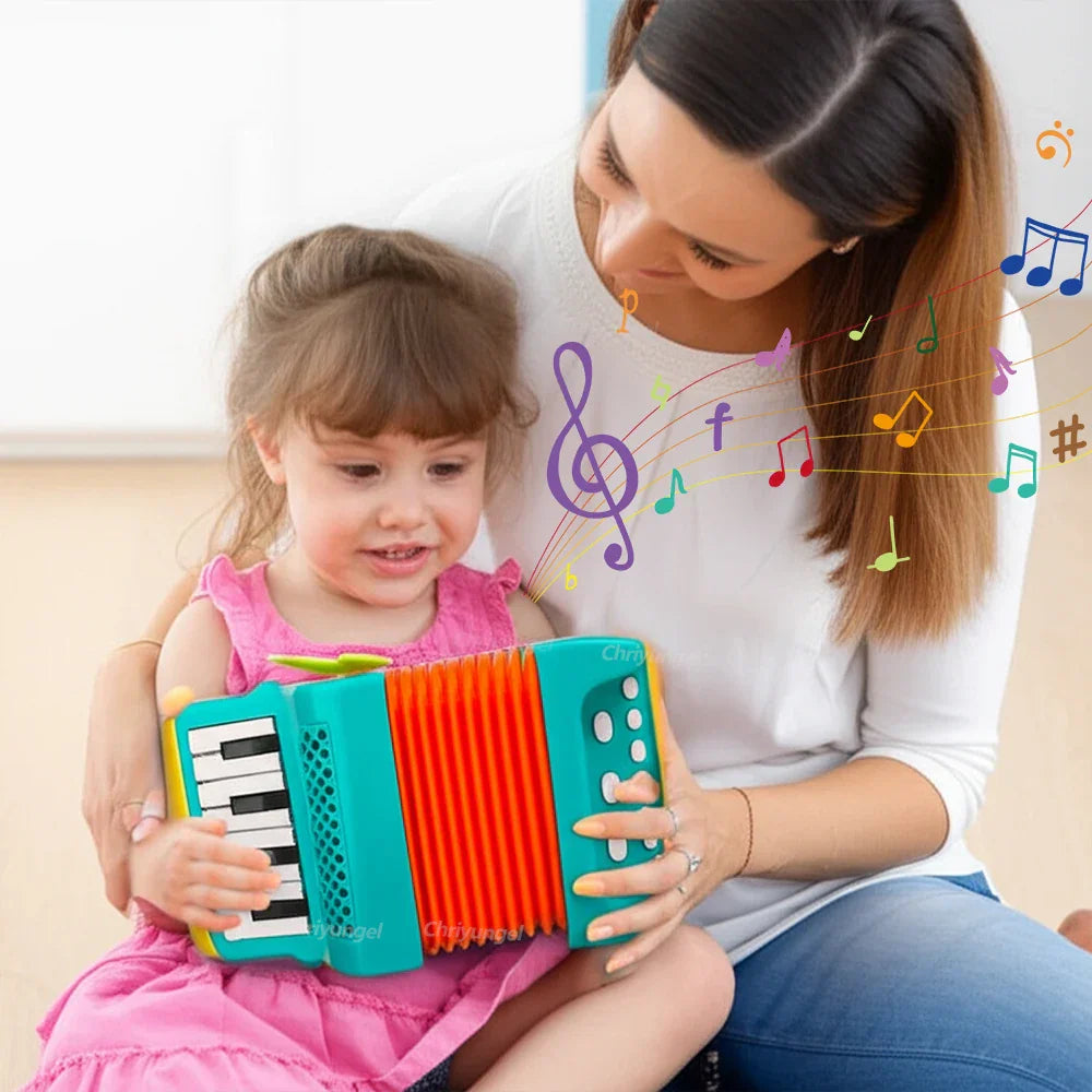 Brightly colored accordion toy with turquoise orange and yellow plastic body for toddlers musical instrument development gifts