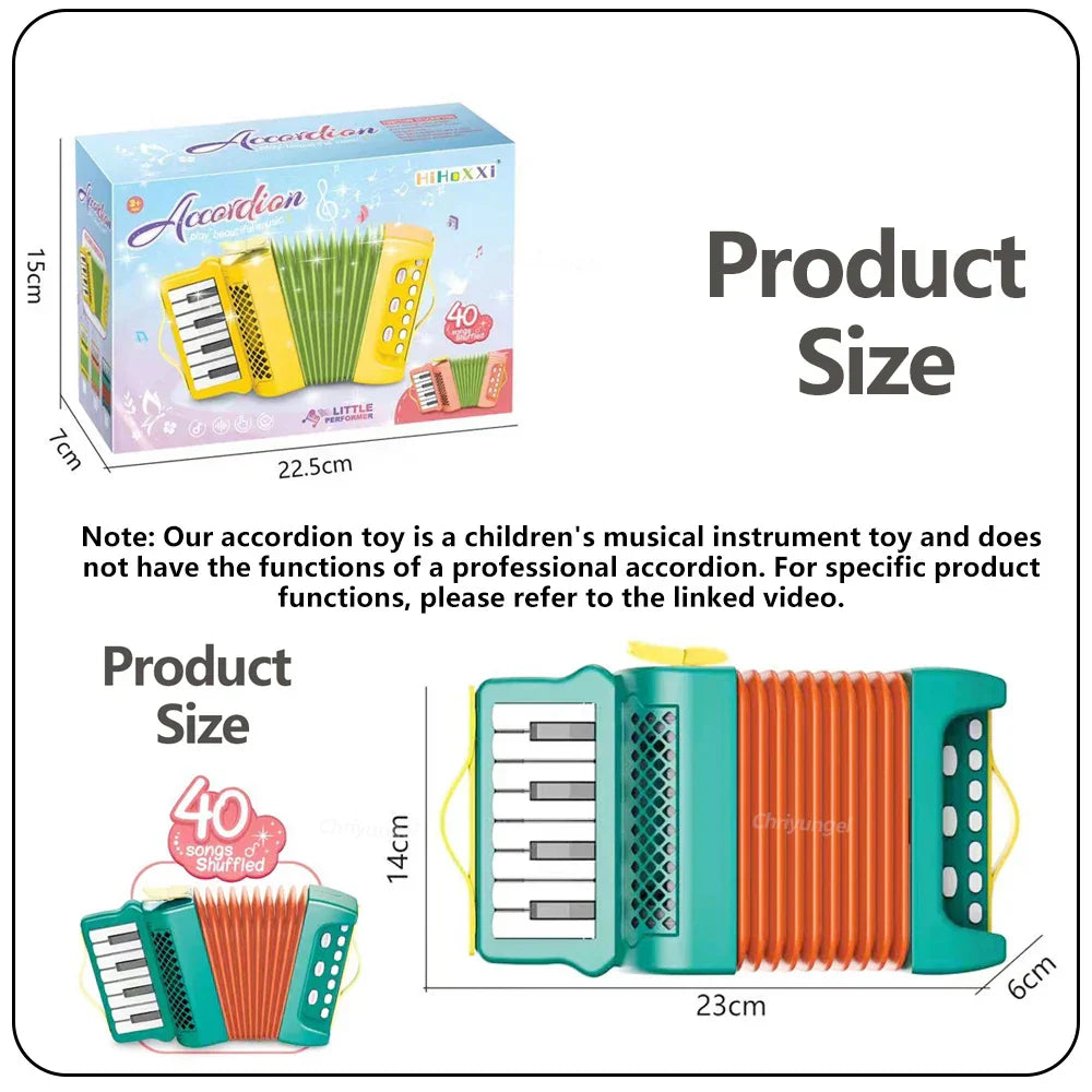Teal and orange accordion toy with white keyboard designed as toddlers musical instrument development gifts