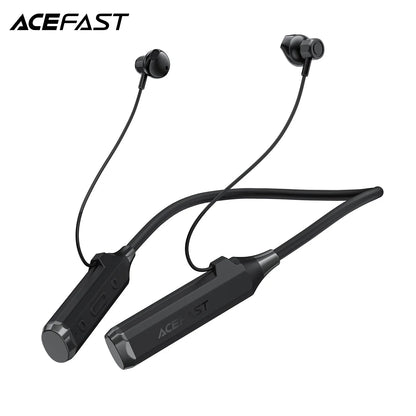 Black acefast wireless neckband earphones with matte plastic, metallic accents, magnetic sport earbuds, and game low latency