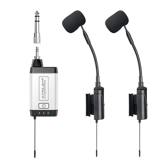Silver and black acemic q2 at5 wireless accordion microphone system with flexible gooseneck arms for piano accordion recording and accordionist stage performance