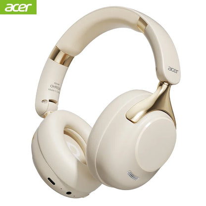 Cream-colored acer ohr520 over-ear gamer sports earphones noise reduction with gold accents and 360° surround sound headsets