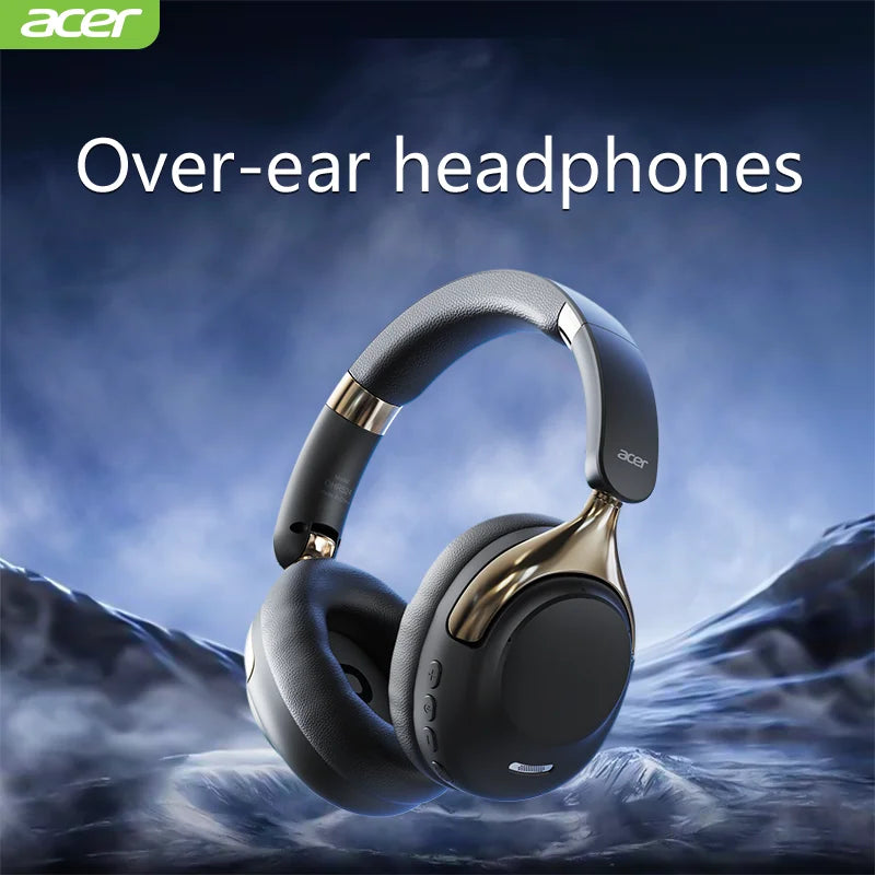 Acer ANC wireless black and gold leather-textured surround sound headsets with noise reduction for gamers and sports use