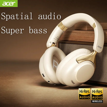 Cream-colored acer anc wireless bluetooth headphones with gold accents featuring surround sound headsets and noise reduction