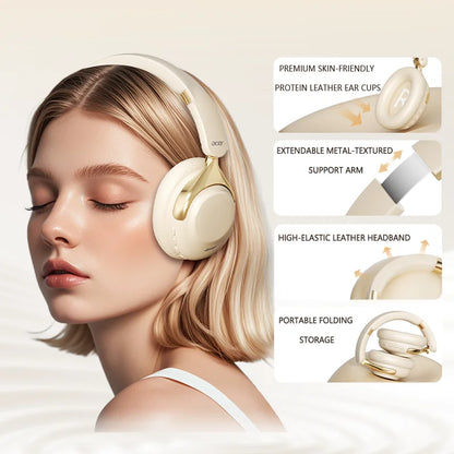 Cream-colored acer anc wireless bluetooth surround sound headsets with gold metal arms and protein leather earphones noise reduction