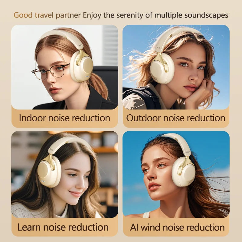 Cream-colored acer anc wireless bluetooth surround sound headsets with gold-accented earcups and noise reduction for gamers