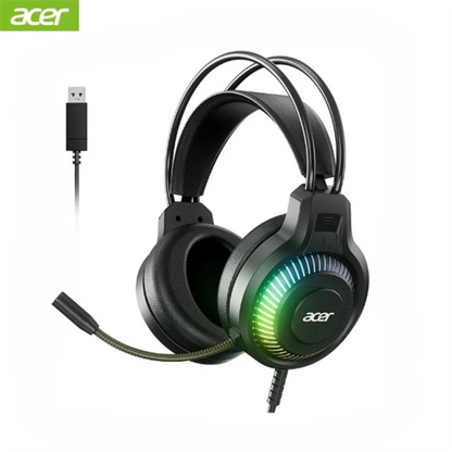 Black acer gaming headphones with stereo virtual surround led lighting and detachable microphone for pc gamers