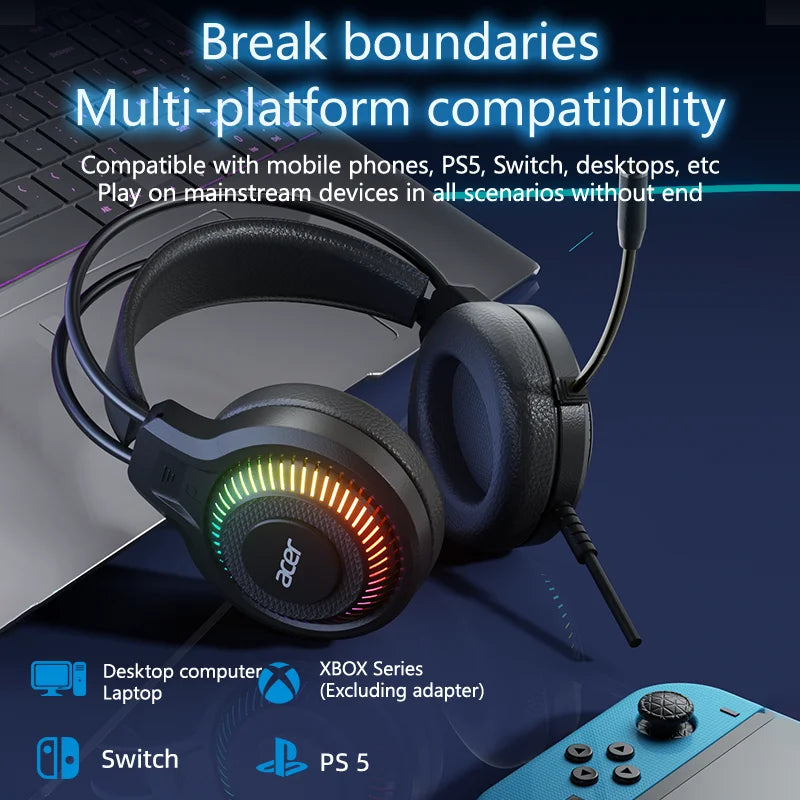 Black acer gaming headphones with stereo virtual surround and illuminated rgb lighting for computer gamers