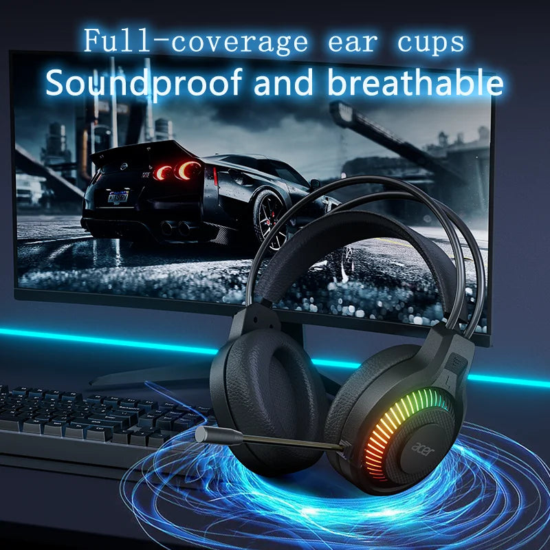 Black acer gaming headphones with full-coverage ear cups, built-in microphone, stereo virtual surround led lighting