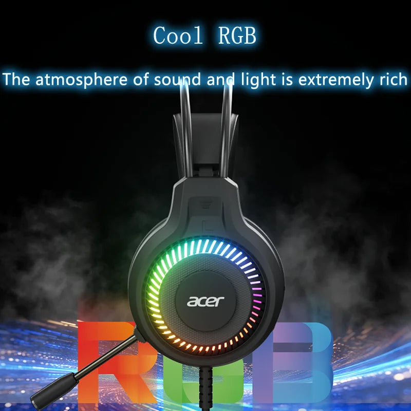 Black acer gaming headphones with stereo virtual surround and rgb led lighting around earcup for pc gamers