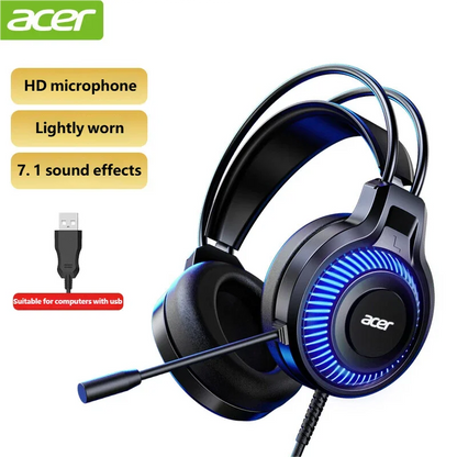 Black acer gaming headphones with virtual surround led lighting, detachable mic, and stereo virtual surround for pc gaming