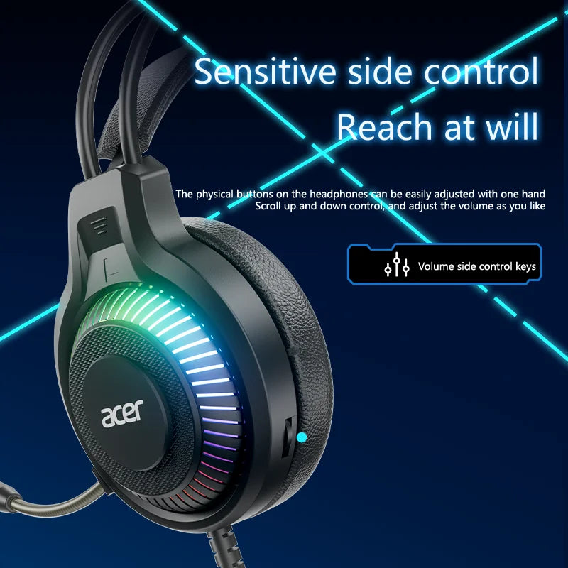 Black acer gaming headphones with stereo virtual surround and glowing virtual surround led lighting around earcup