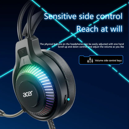 Black acer gaming headphones with stereo virtual surround and glowing virtual surround led lighting around earcup