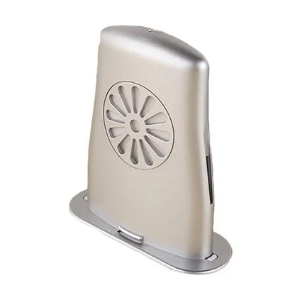 Silver metallic laptop stand with circular vented front and flat base for stability ideal for cracking instrument care accessories