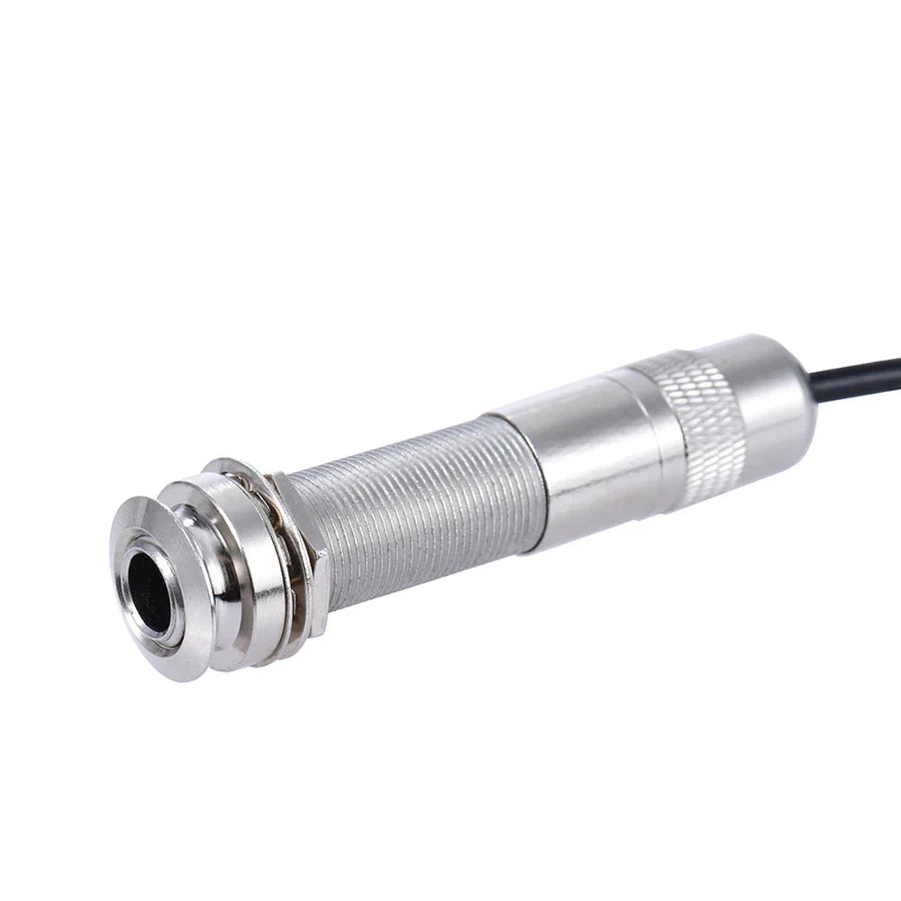 Silver metallic acoustic string instrument piezo pickup with threaded body and knurled grip for guitar mandolin ukulele