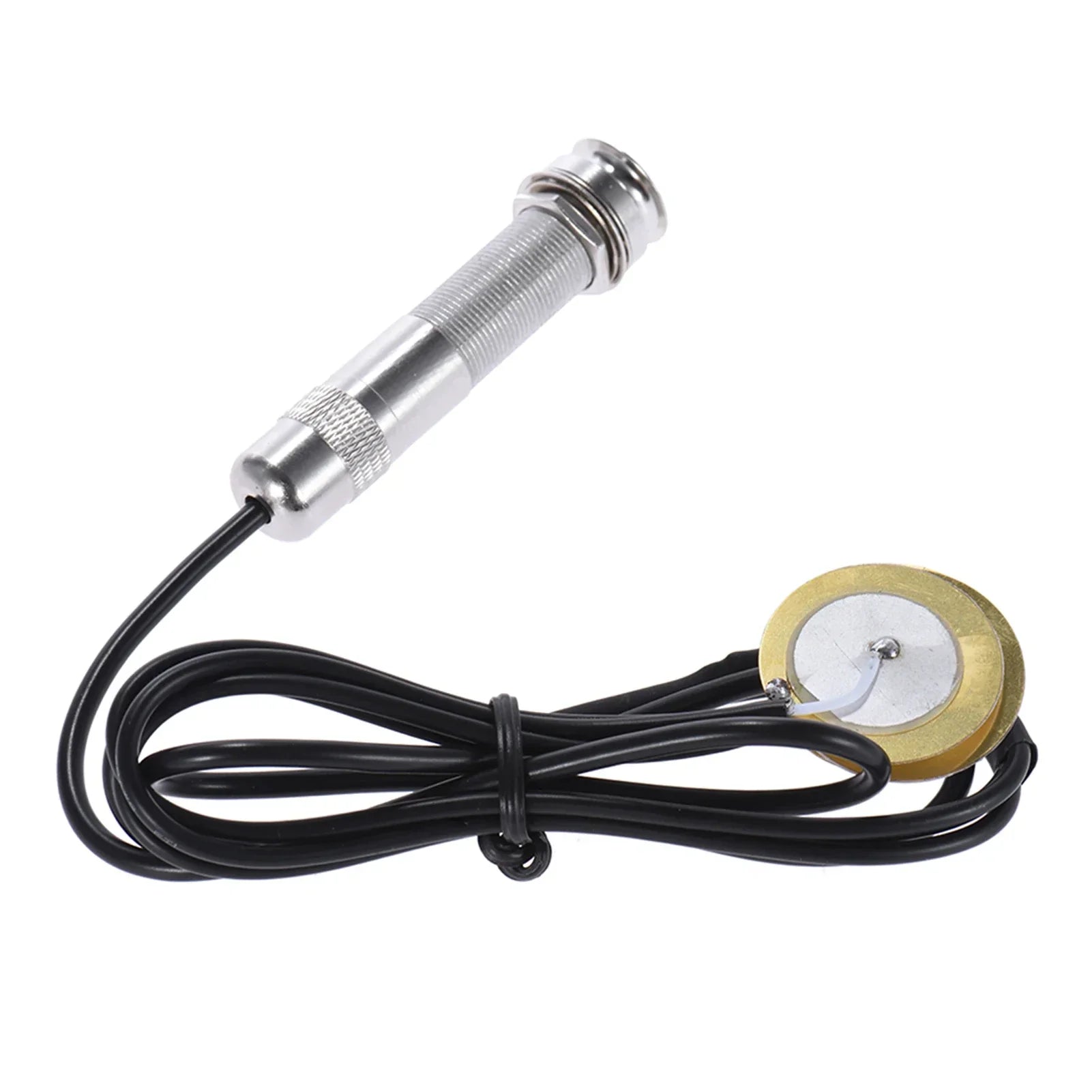 Silver metallic acoustic string instrument piezo pickup with gold base and black coiled cable for guitar mandolin ukulele