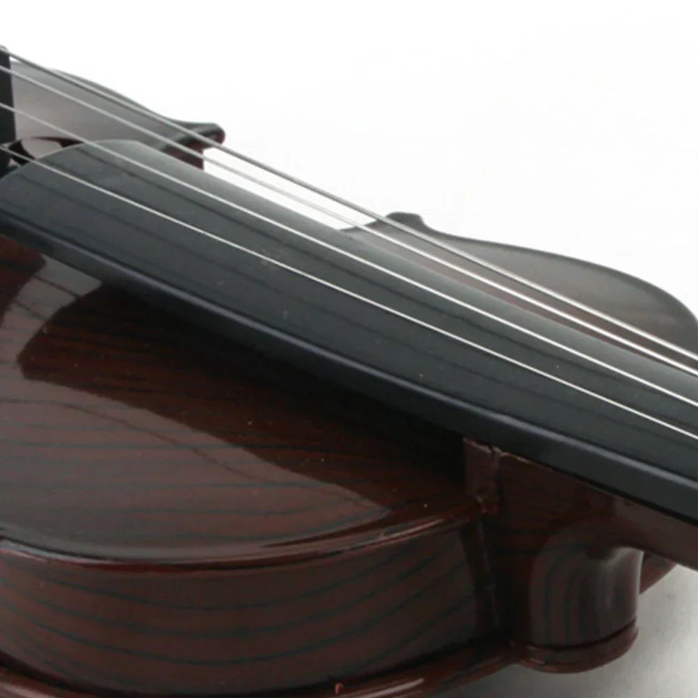 A glossy dark brown acoustic violin toy with black fingerboard and adjustable string simulation for kids gifts