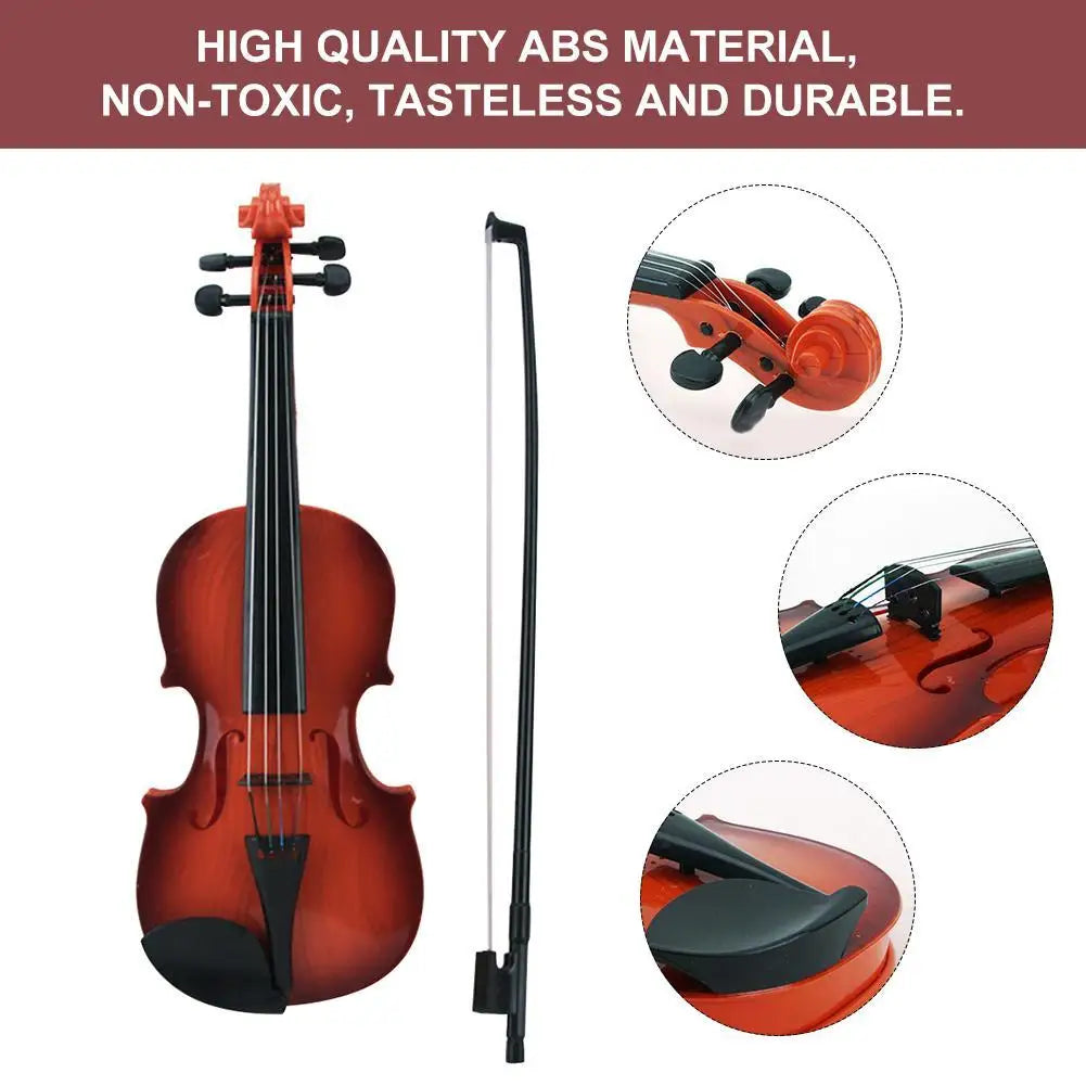 A glossy orange acoustic violin toy with black fittings and matching bow featuring adjustable string simulation for kids
