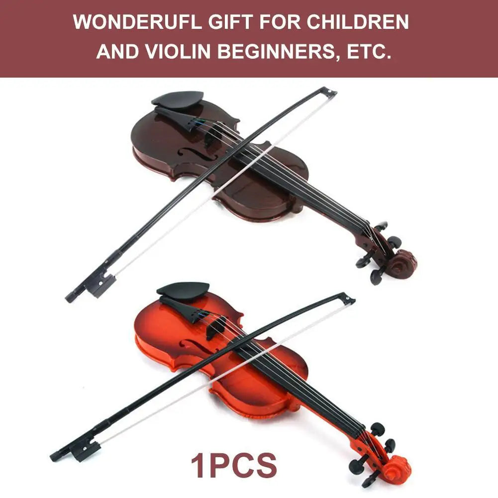Glossy red and black acoustic violin toy with adjustable string simulation and matching bow for beginner children