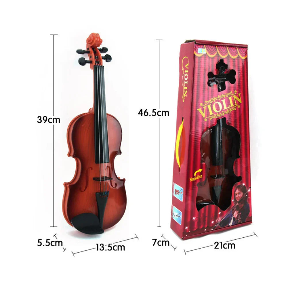 A glossy reddish-brown plastic acoustic violin toy with black accents and adjustable string simulation for kids