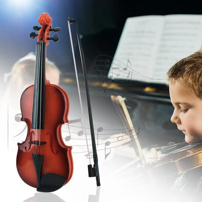 Red wooden acoustic violin toy with black scroll and tailpiece featuring adjustable string simulation and matching bow