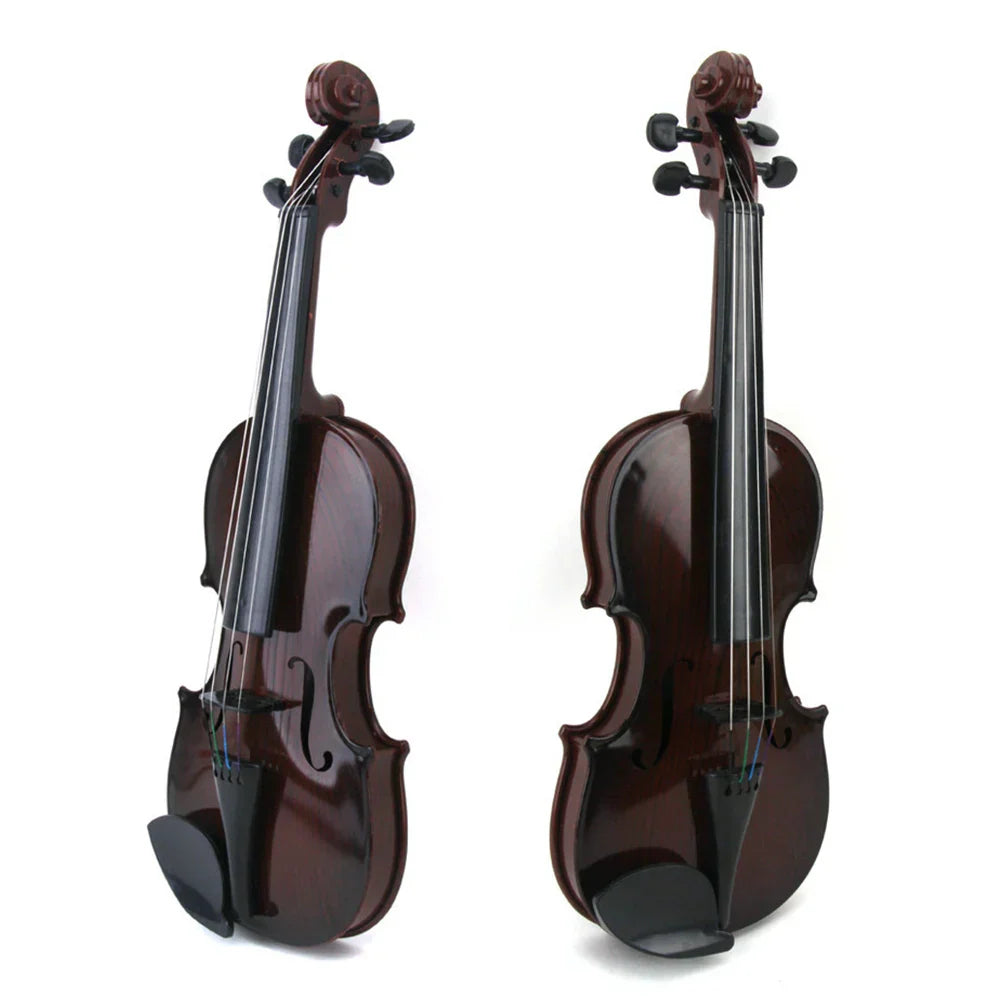 Two glossy dark brown wooden acoustic violin toy with black fittings featuring adjustable string simulation for kids