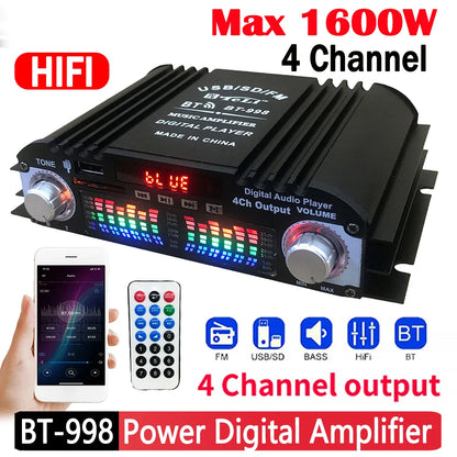 1600W Max Power Mini HIFI Digital Stereo Amp 4 Channel Sound Audio Amplifier with Remote Control FM Radio USB BT Karaoke Player