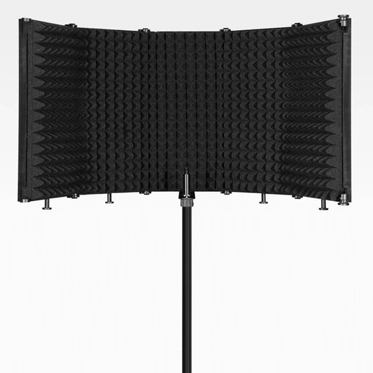 Black curved acoustic foam microphone isolation shield on stand foldable studio recording mic filter panel