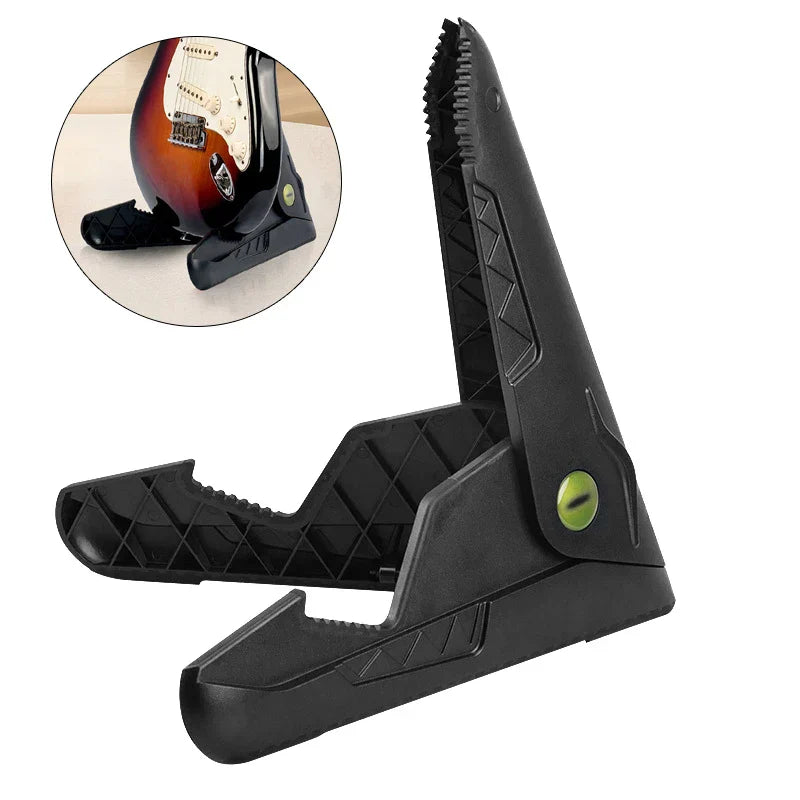 Adjustable black plastic guitar stand tripod with textured grip, green accent screw, and non-slip rubber feet tripod folding design