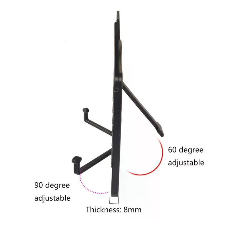 Black metal versatile music sheet stand with adjustable 90 and 60 degree angles for beat music store use