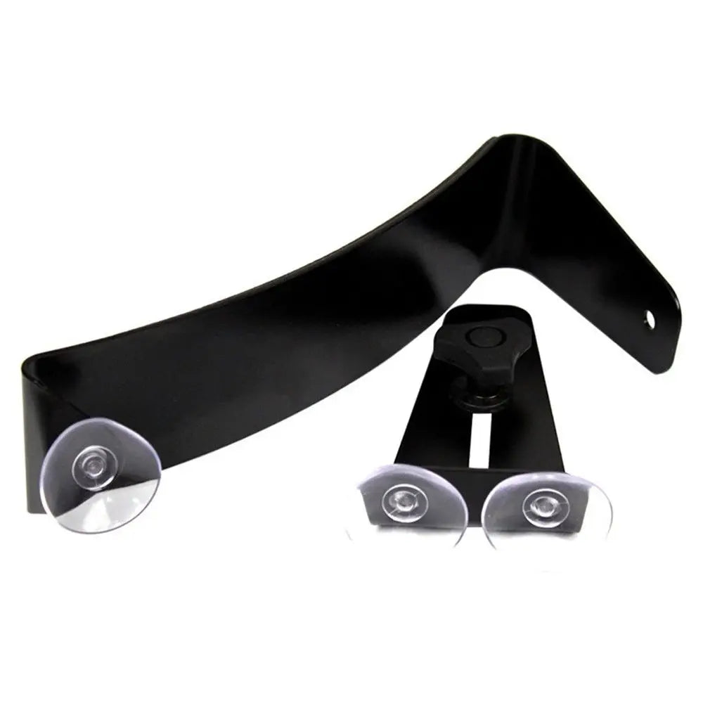 Black metal suction cup mount with curved arm and adjustable clamp for guitar leg rest and support stand bass use