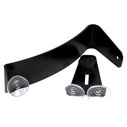 Black metal suction cup mount with curved arm and adjustable clamp for guitar leg rest and support stand bass use