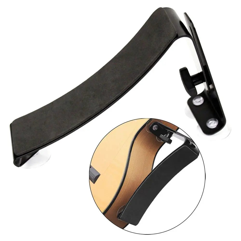 Black plastic adjustable classical guitar leg rest with padded curved surface and clamping support stand bass holder