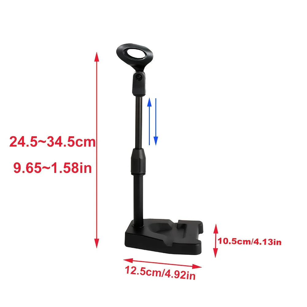 Adjustable desktop microphone stand in black with sturdy base and tablet holder multifunctional for podcasts live streaming and office use